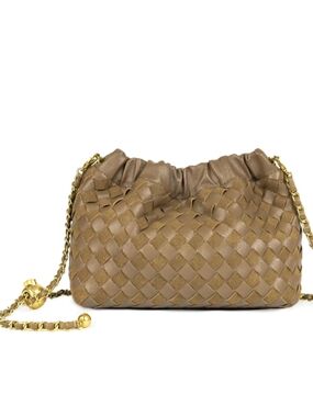 Woven Leather Shoulder Bag in Taupe with Gold Chain